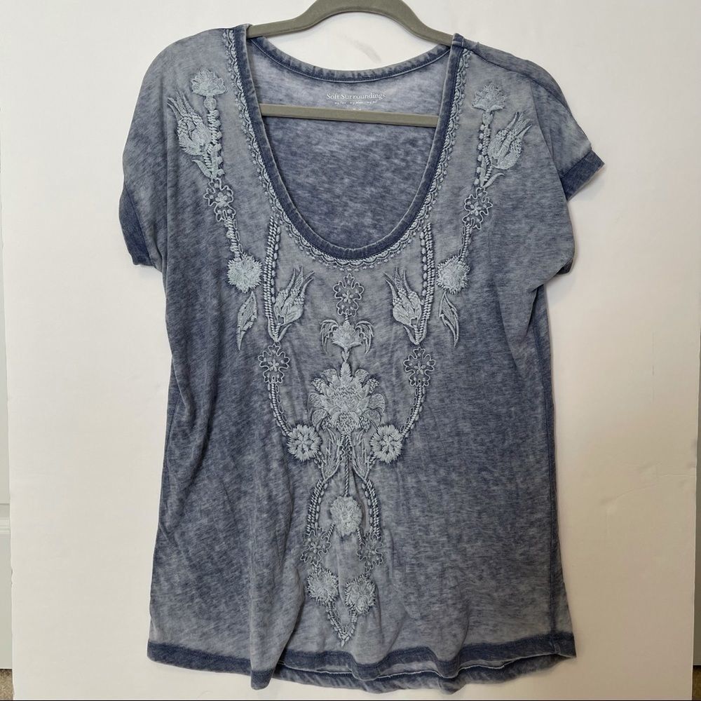 Soft Surroundings Blue Floral Embroidered T-Shirt